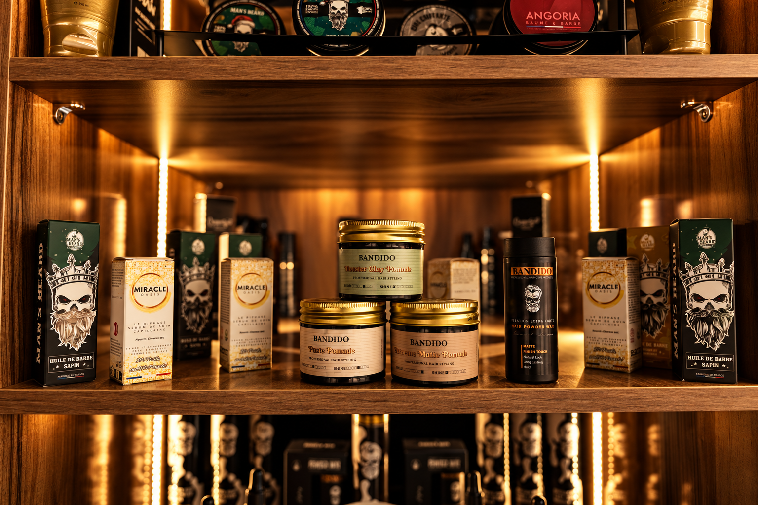 Étagères de produits Bandido, Man’s Beard et Miracle