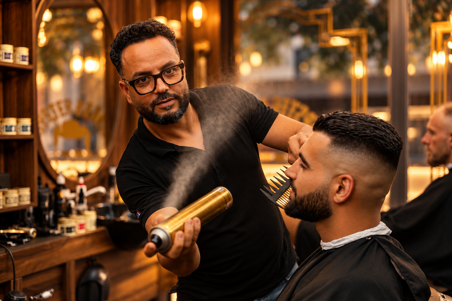 Barbier jouant avec une bombe dorée comme un micro dans le salon
