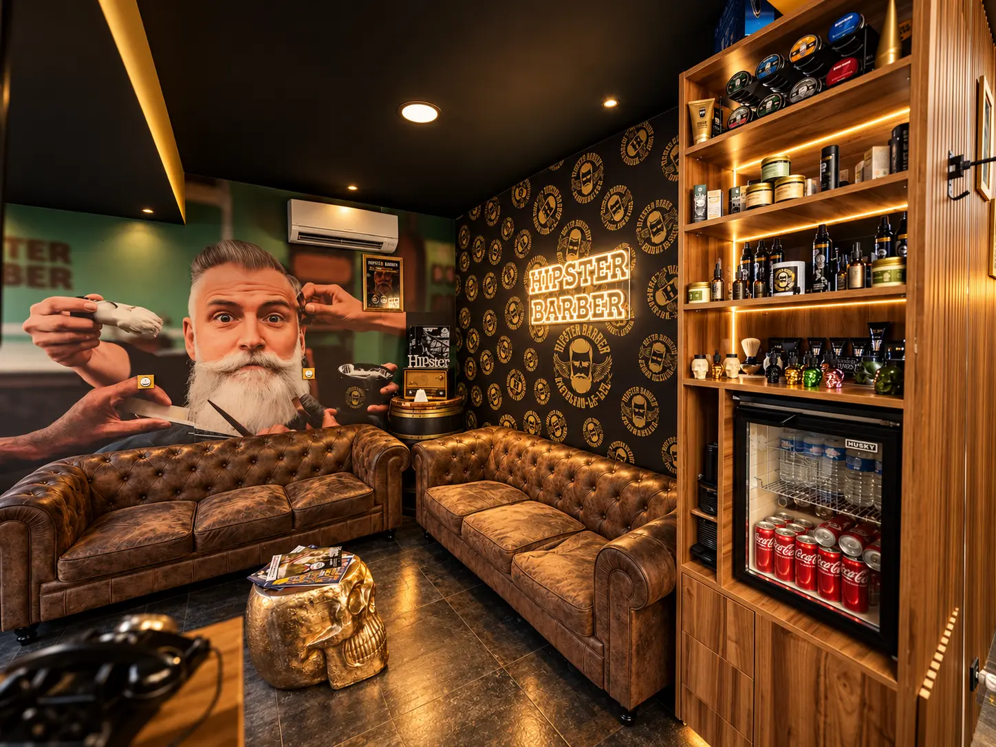 Canapés Chesterfield et néon Hipster Barber